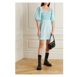 Ganni Organic Cotton Poplin Blue Ditsy Floral Puff Sleeves Mini Dress US 0 EU 32